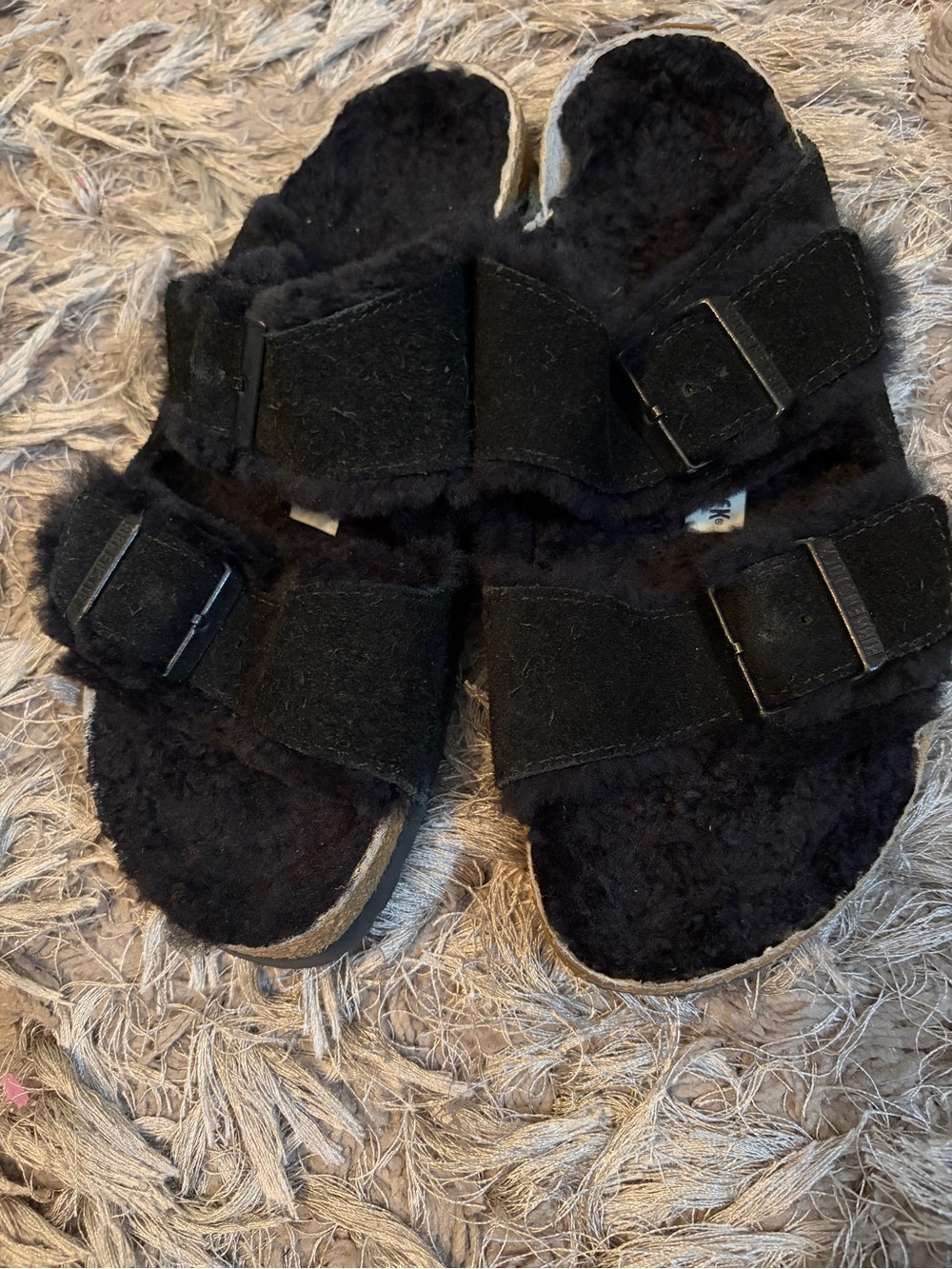 Birkenstock Black Faux-Shearling Dual-Strap Slides